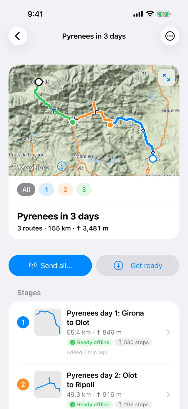 Pyrenees in 3 days: a collection of three stages on a map, with Send all and Get ready