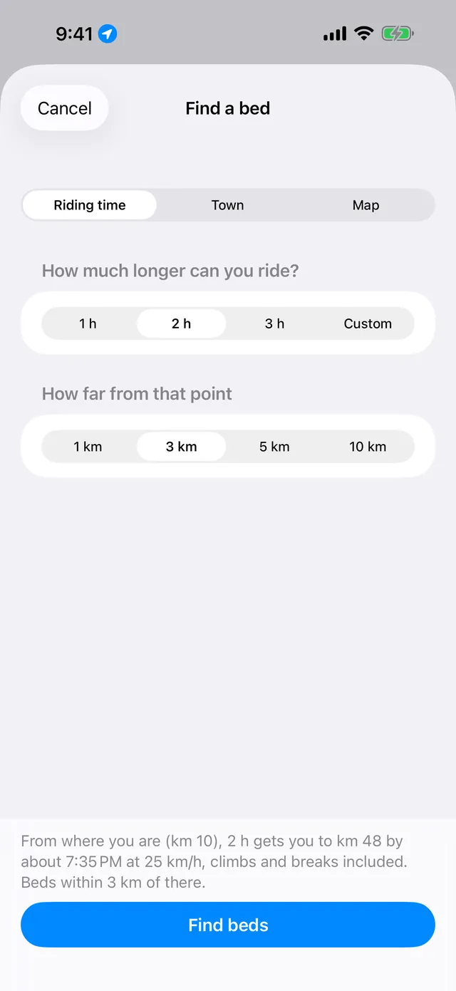 Find a bed: how much longer can you ride (1 h, 2 h, 3 h, custom) and how far off the route