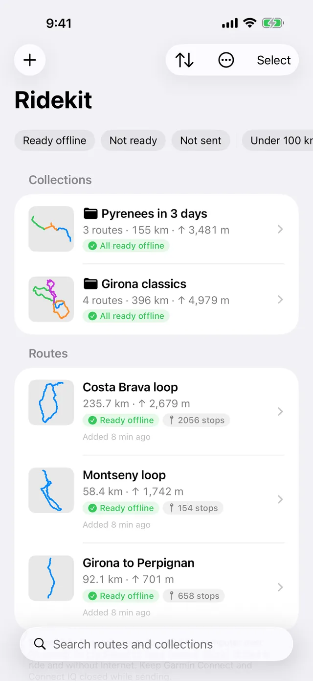 The Ridekit library: collections and routes, each with distance, climbing and Ready offline