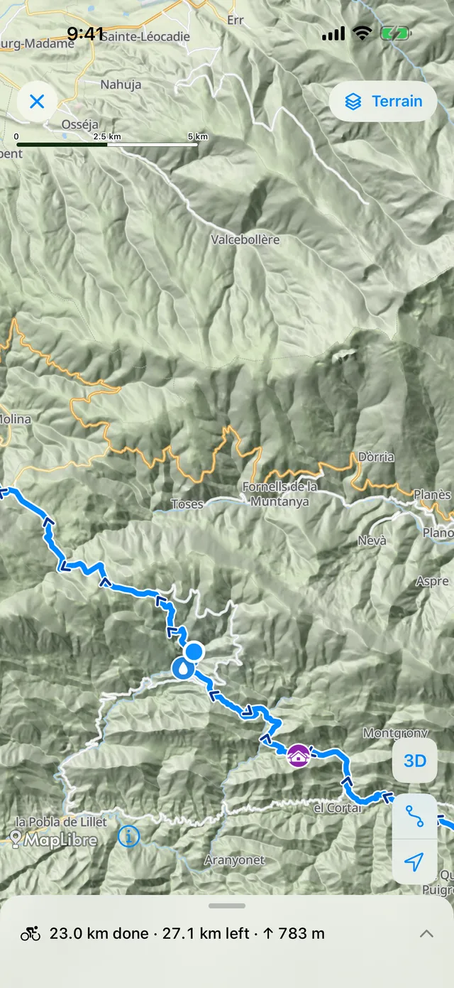 The same route on the Terrain map with shaded relief
