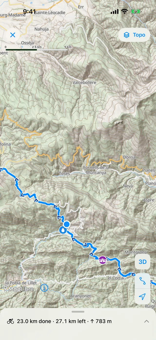 The route on the Topo map with contour lines, 23 km done, 27.1 km left, 783 m to climb