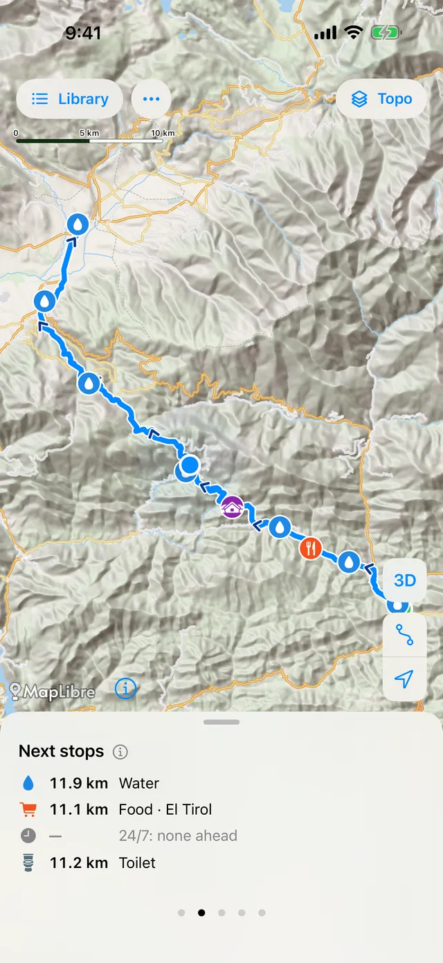 The ride screen: Next stops with water at 11.9 km, food at 11.1 km and a toilet at 11.2 km