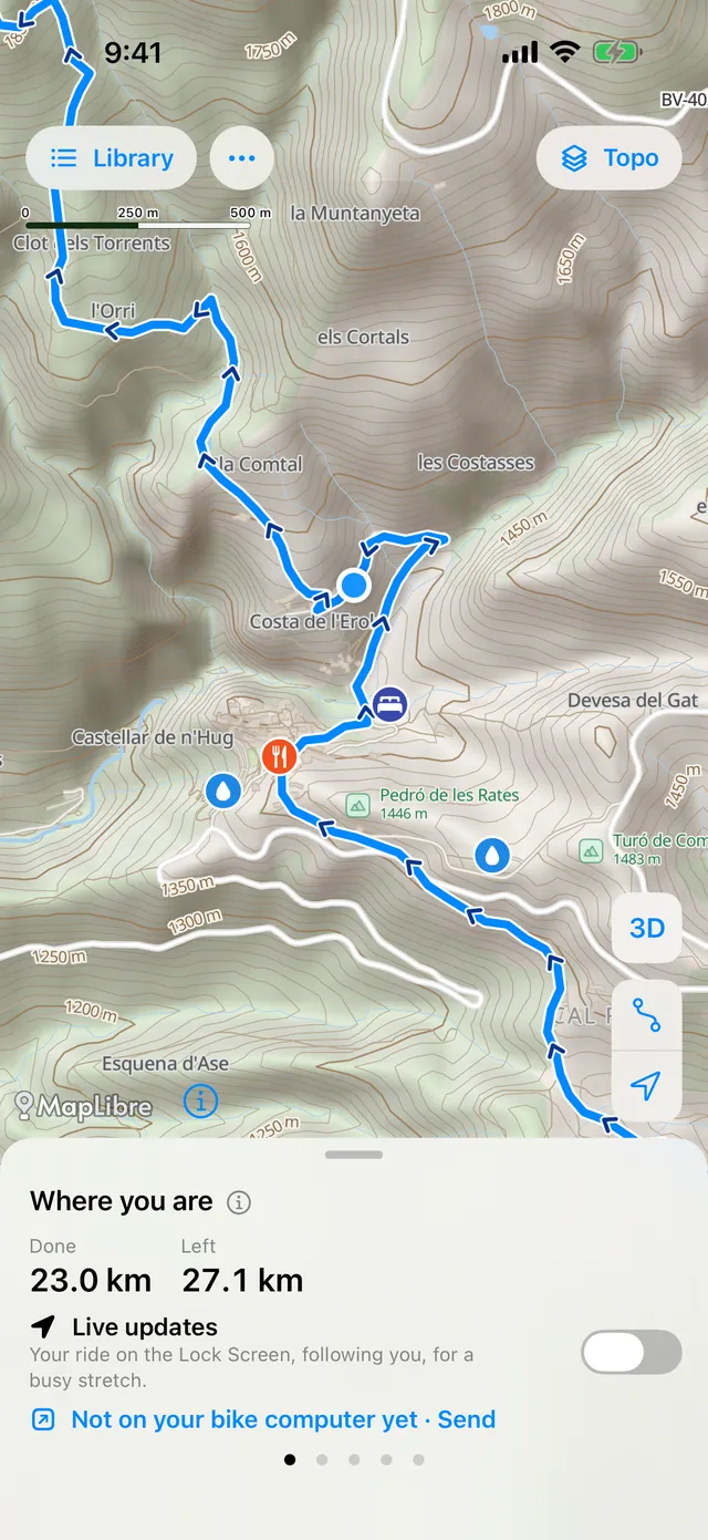 The ride screen: Where you are, 23 km done, 27.1 km left, Not on your bike computer yet · Send