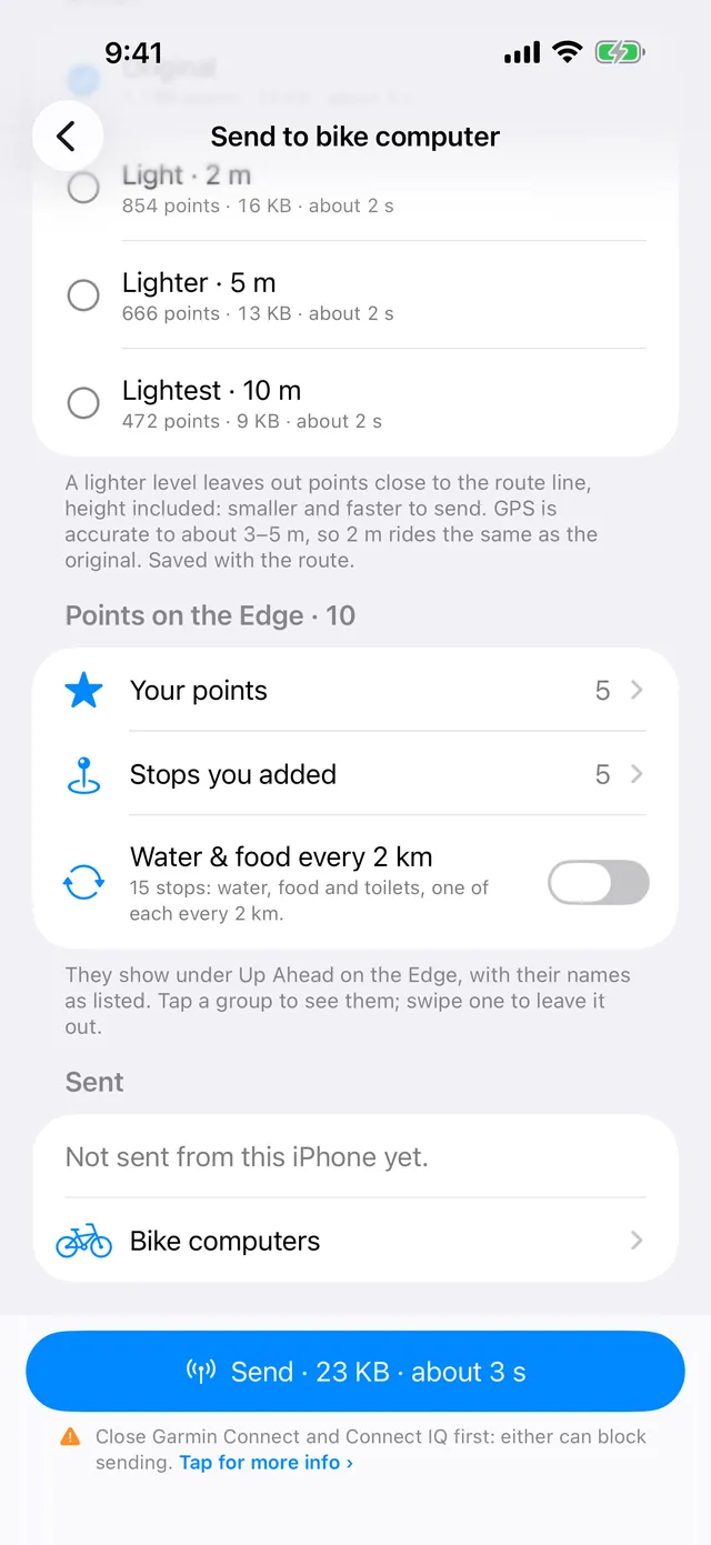Points on the Edge: your points 5, stops you added 5, water and food every 2 km