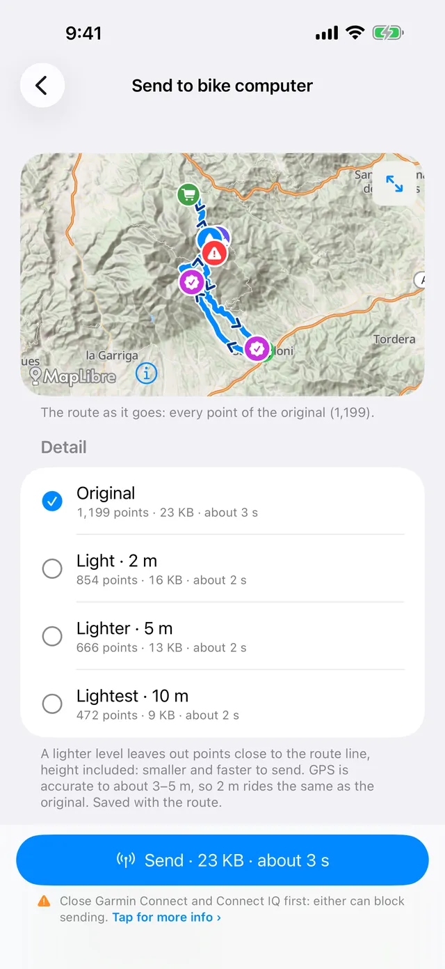 Send to bike computer: the route on a map, detail levels and Send, 23 KB, about 3 s