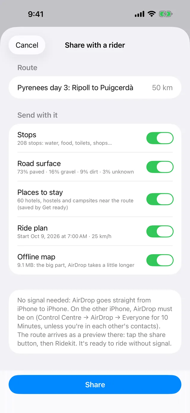 Share with a rider: switches for stops, road surface, places to stay, ride plan and the offline map