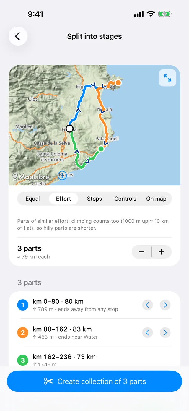 Split into stages: a 236 km route in 3 parts of similar effort, each ending near a stop