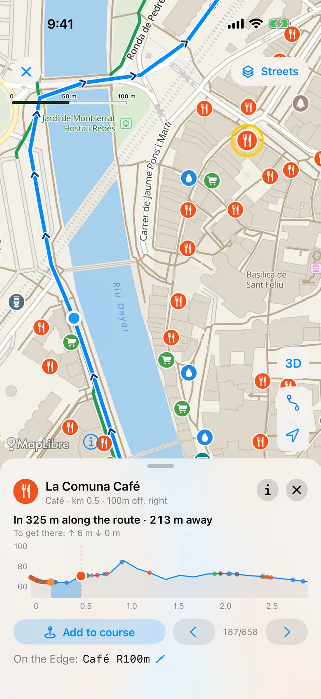 A café on the full-screen map: 325 m along the route, 213 m away, with Add to course