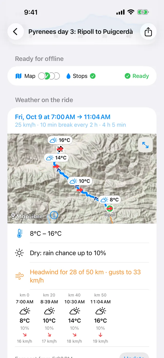 Weather on the ride: temperatures on the map, dry, headwind for 28 of 50 km, hourly forecasts by km