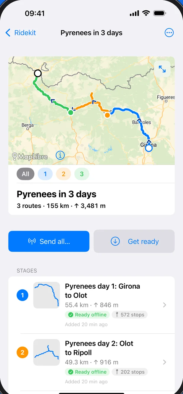 A three-day trip as a collection: map, stages, Send all and Get ready