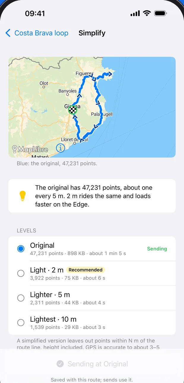 Detail levels for a big route, from the original to lightest